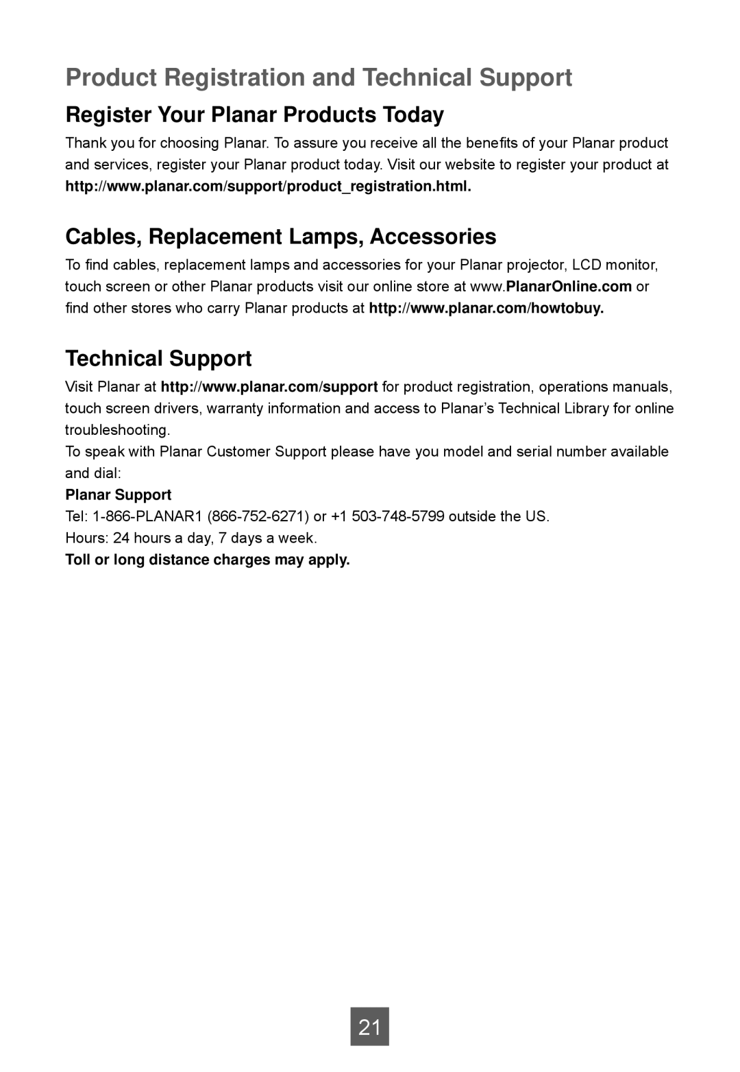 Planar LA1950RTC, LA1950RTS, LA1950RTR Product Registration and Technical Support, Register Your Planar Products Today 