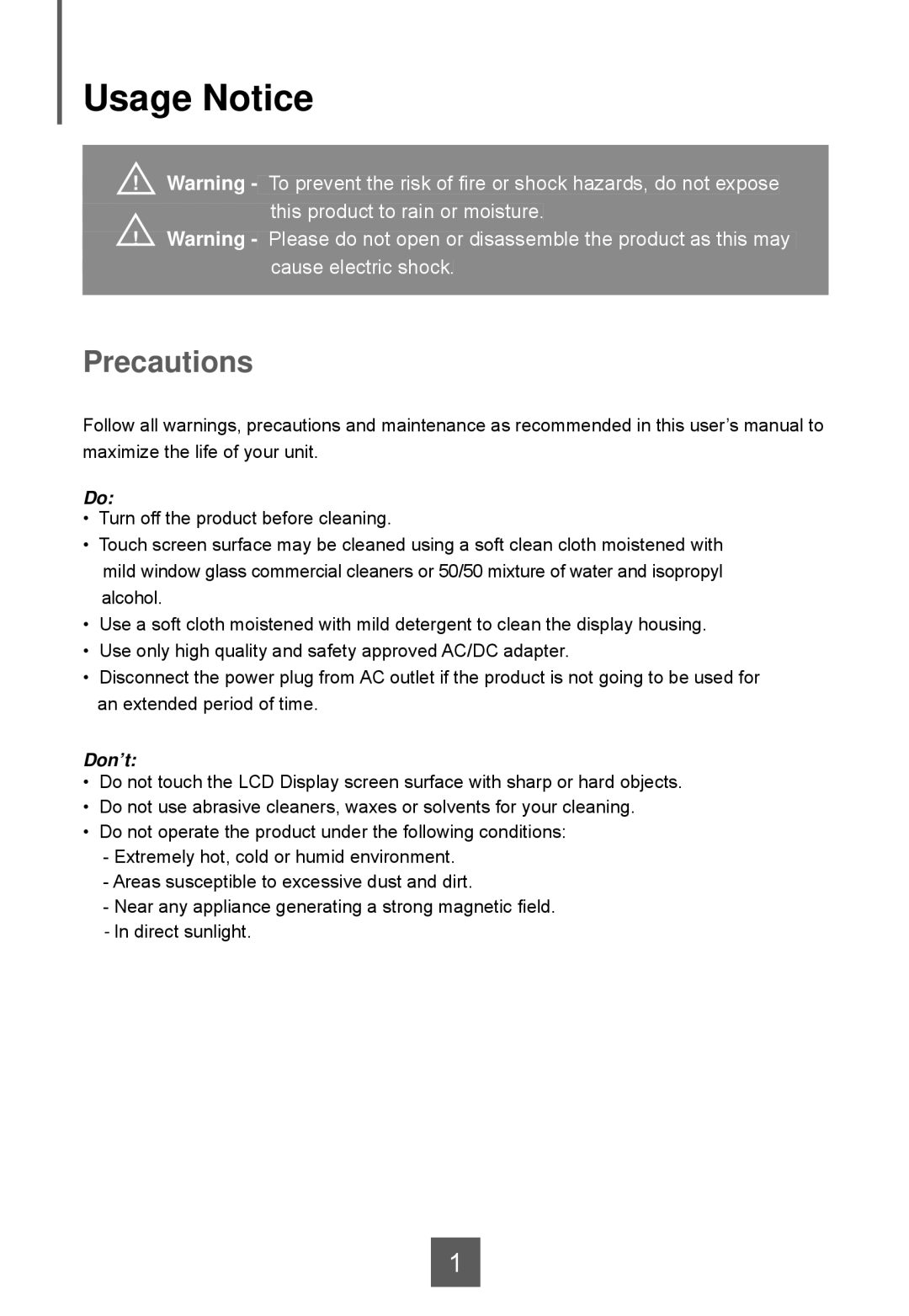 Planar LA1950RTC, LA1950RTS, LA1950RTR manual Usage Notice, Precautions 