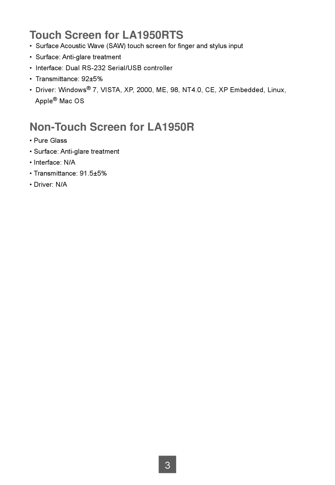 Planar LA1950RTC, LA1950RTR manual Touch Screen for LA1950RTS, Non-Touch Screen for LA1950R 