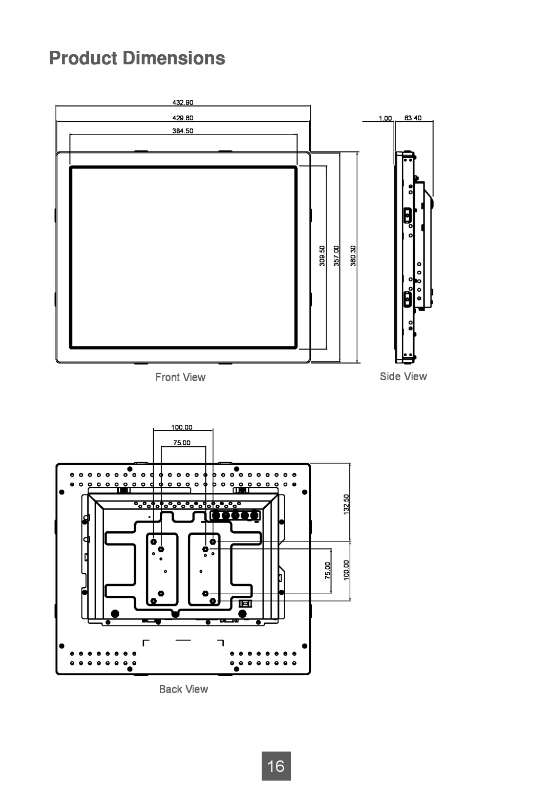 Planar LA1950RTR Product Dimensions, Side View, 432.90 429.60 384.50, 1.00, 309.50, 357.00, 360.30, 75.00, 132.50, 100.00 