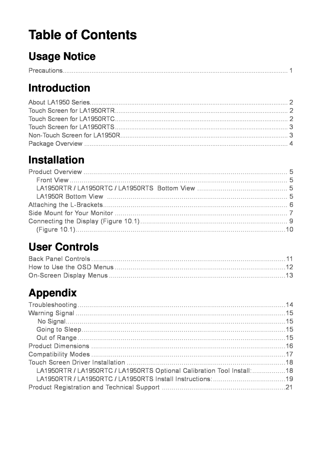 Planar LA1950RTR, LA1950RTC, LA1950RTS Usage Notice, Introduction, Installation, User Controls, Appendix, Table of Contents 