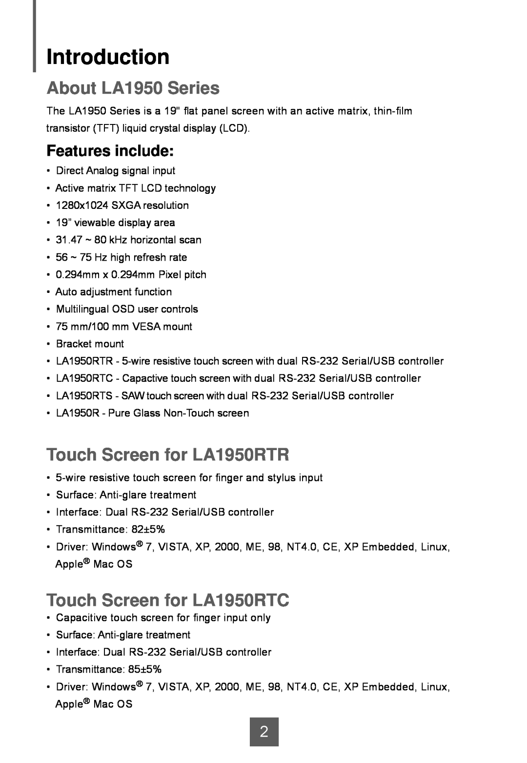 Planar Introduction, About LA1950 Series, Touch Screen for LA1950RTR, Touch Screen for LA1950RTC, Features include 