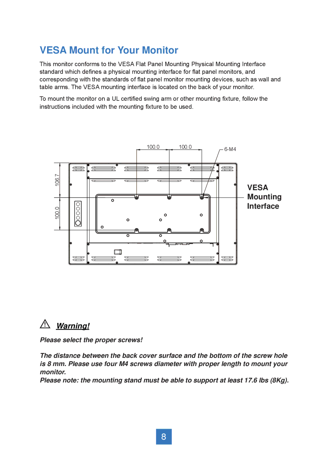 Planar LA2250RTPW manual Vesa Mount for Your Monitor 