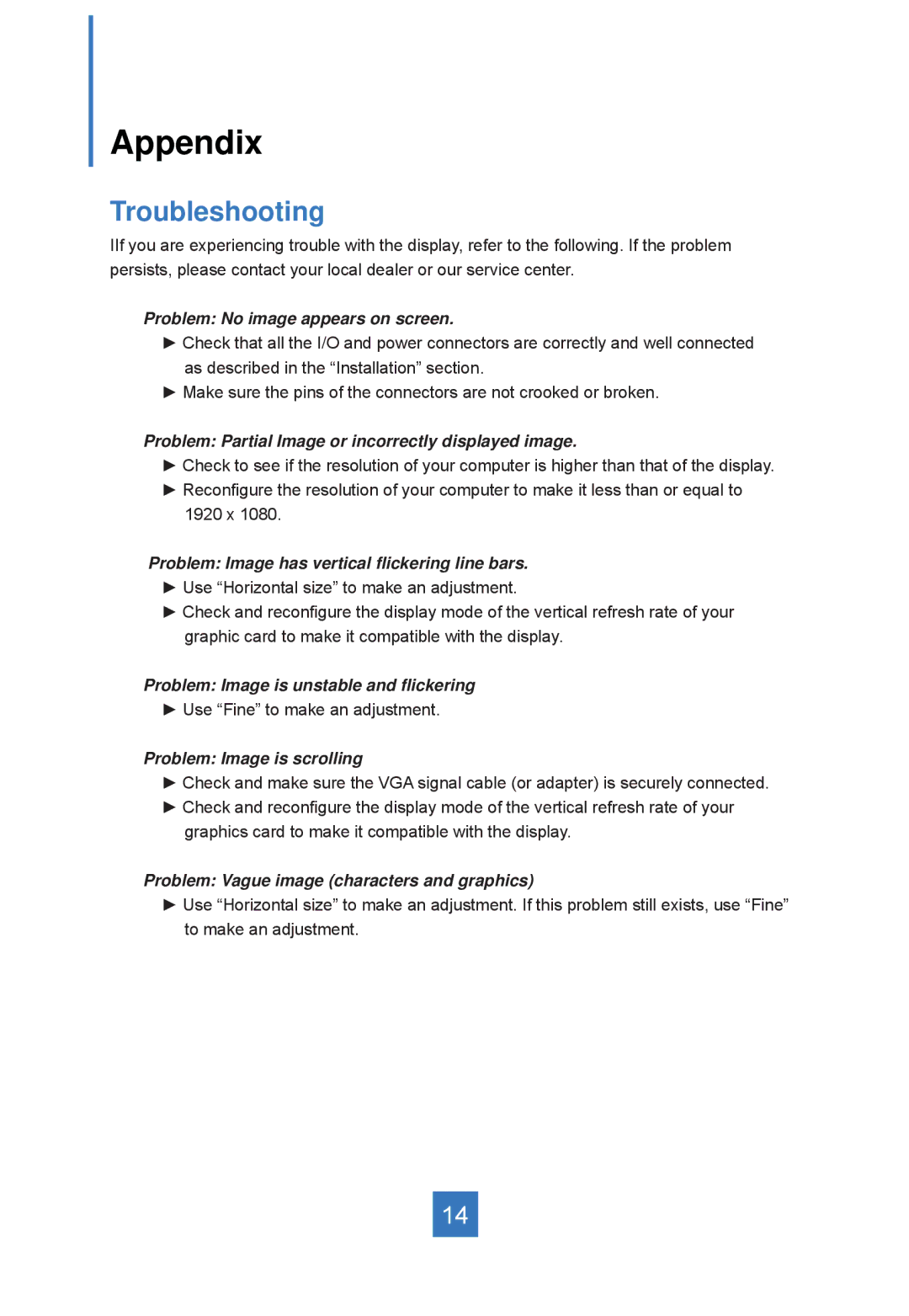 Planar LA2250RTPW manual Appendix, Troubleshooting 