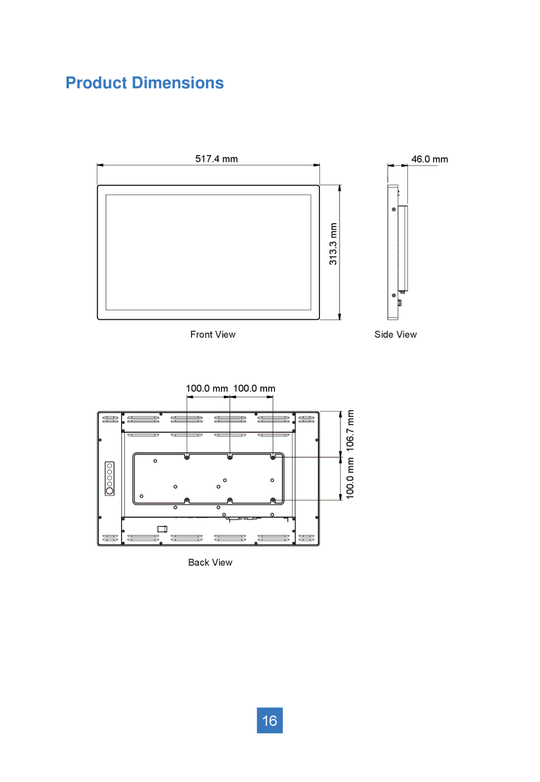 Planar LA2250RTPW manual Product Dimensions 