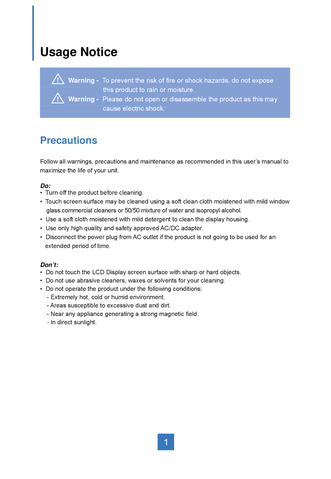 Planar LA2250RTPW manual Usage Notice, Precautions 