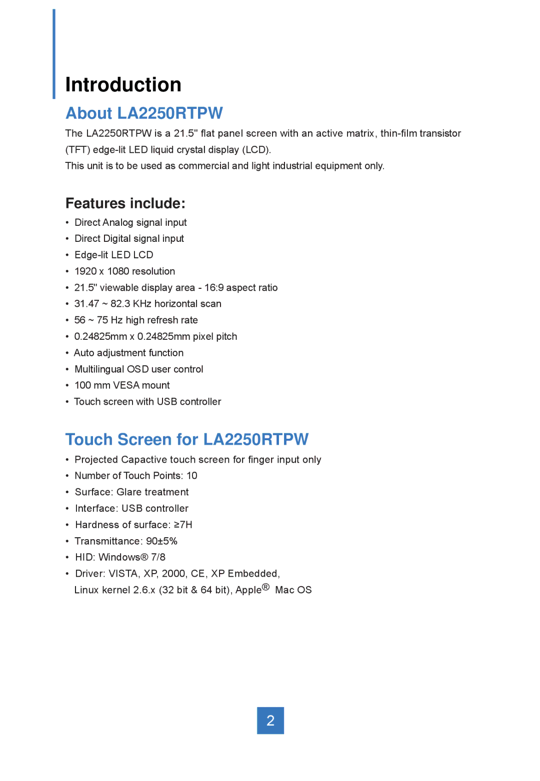 Planar manual Introduction, About LA2250RTPW, Touch Screen for LA2250RTPW, Features include 