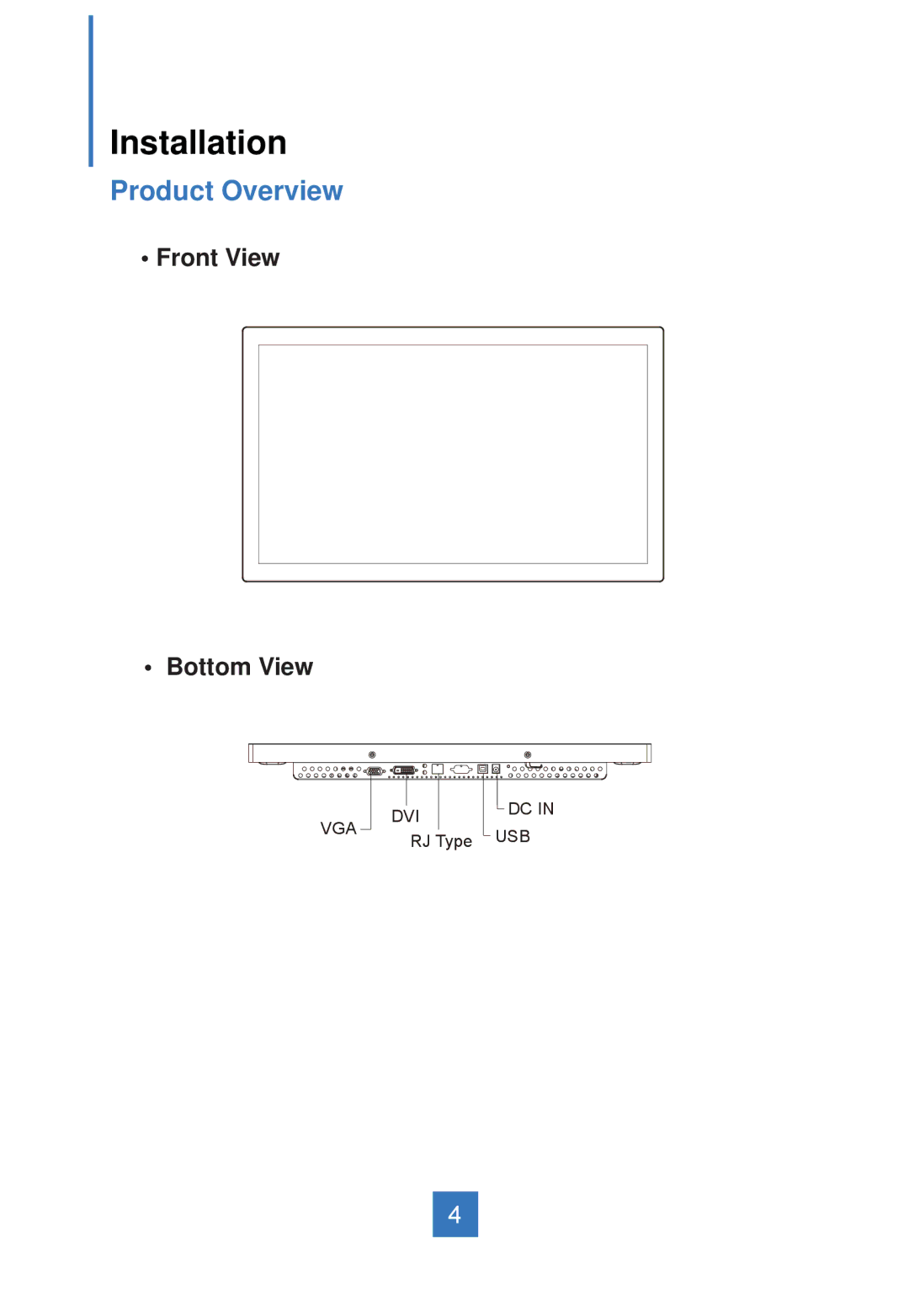 Planar LA2250RTPW manual Installation, Product Overview, Front View Bottom View 