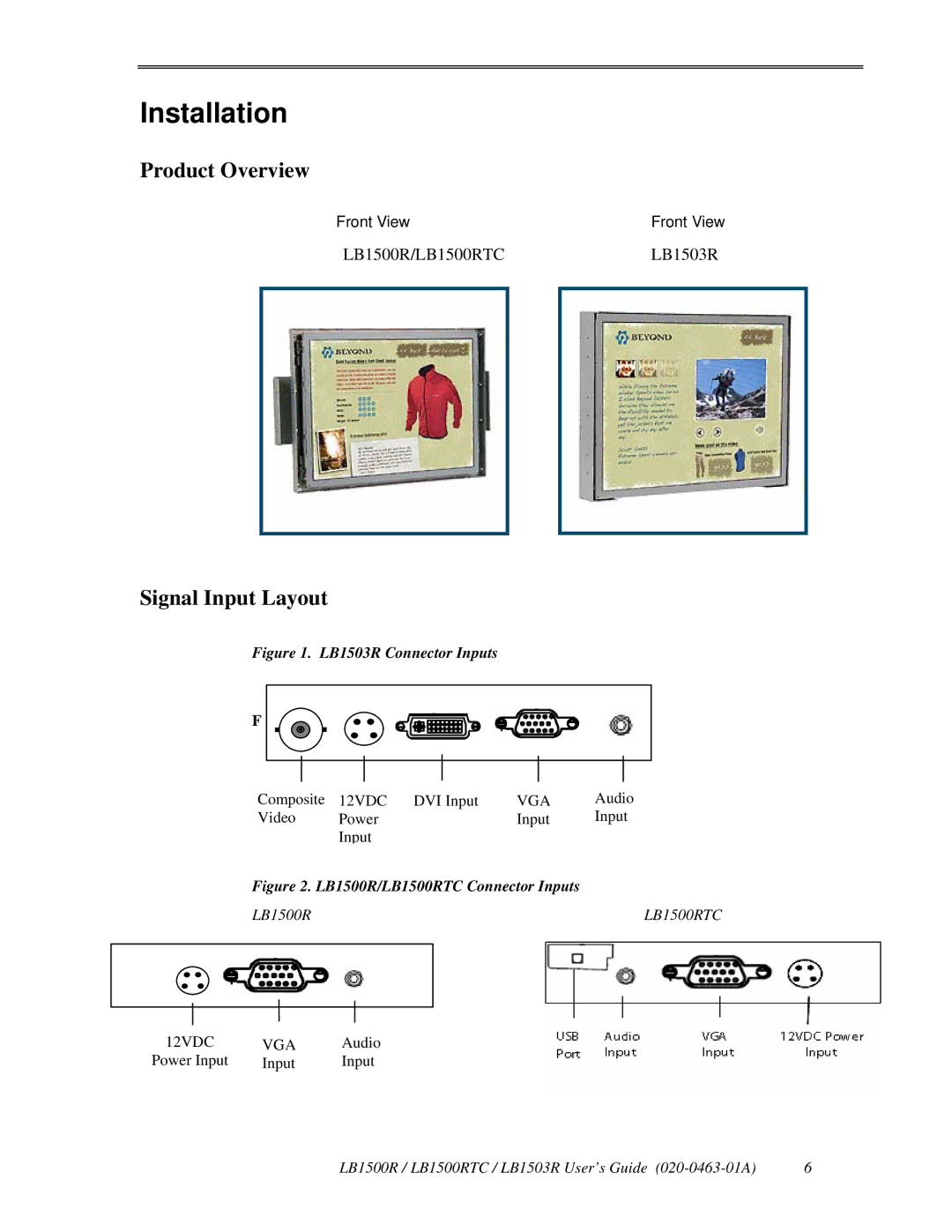 Planar LB1503R, LB1500RTC manual Installation, Product Overview, Signal Input Layout 