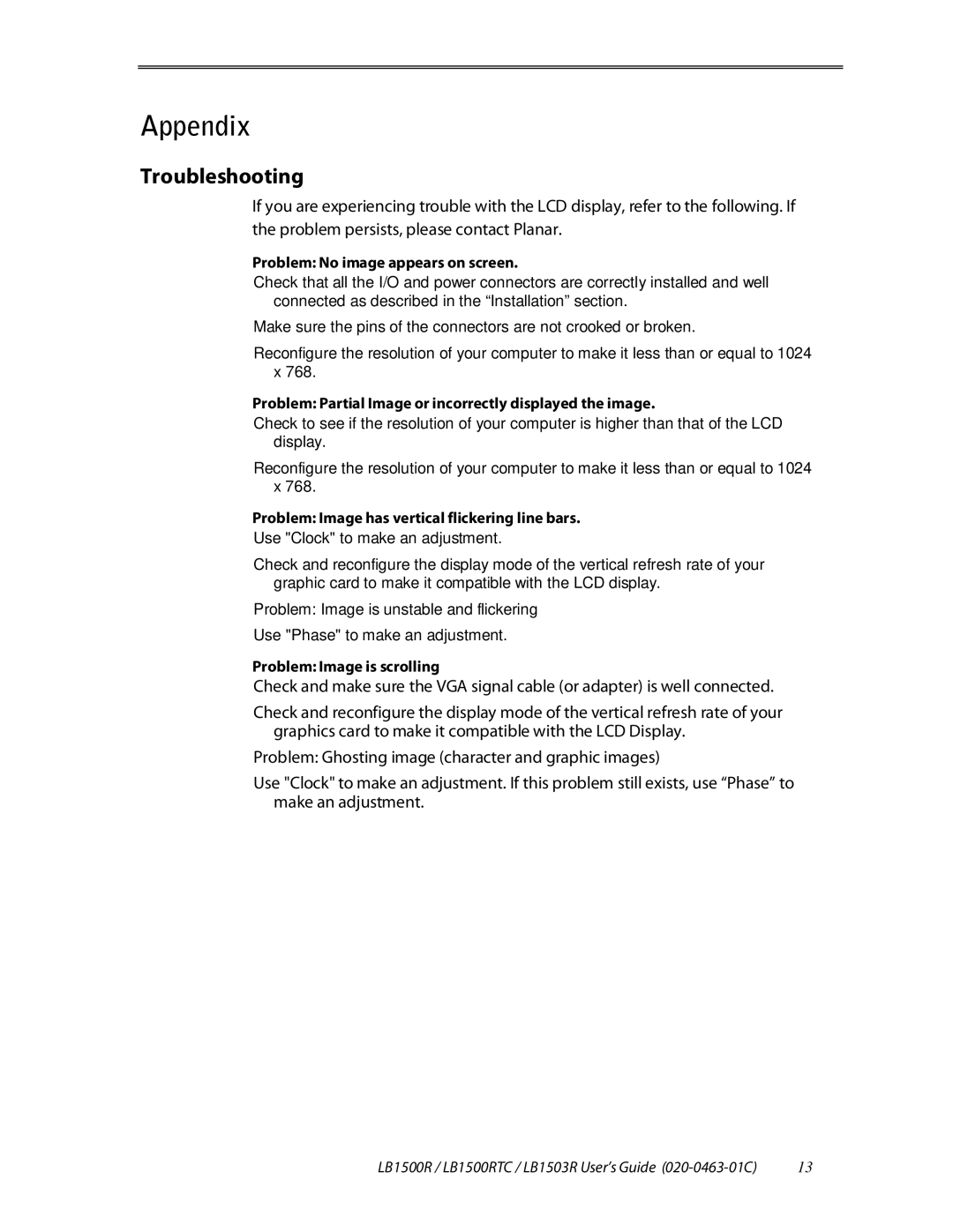 Planar LB1500RTC, LB1503R manual Appendix, Troubleshooting 