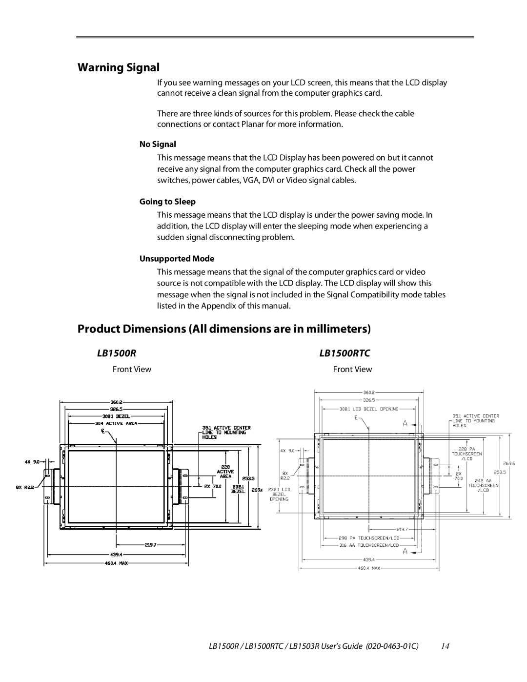 Planar LB1500R, LB1503R Product Dimensions All dimensions are in millimeters, No Signal, Going to Sleep, Unsupported Mode 