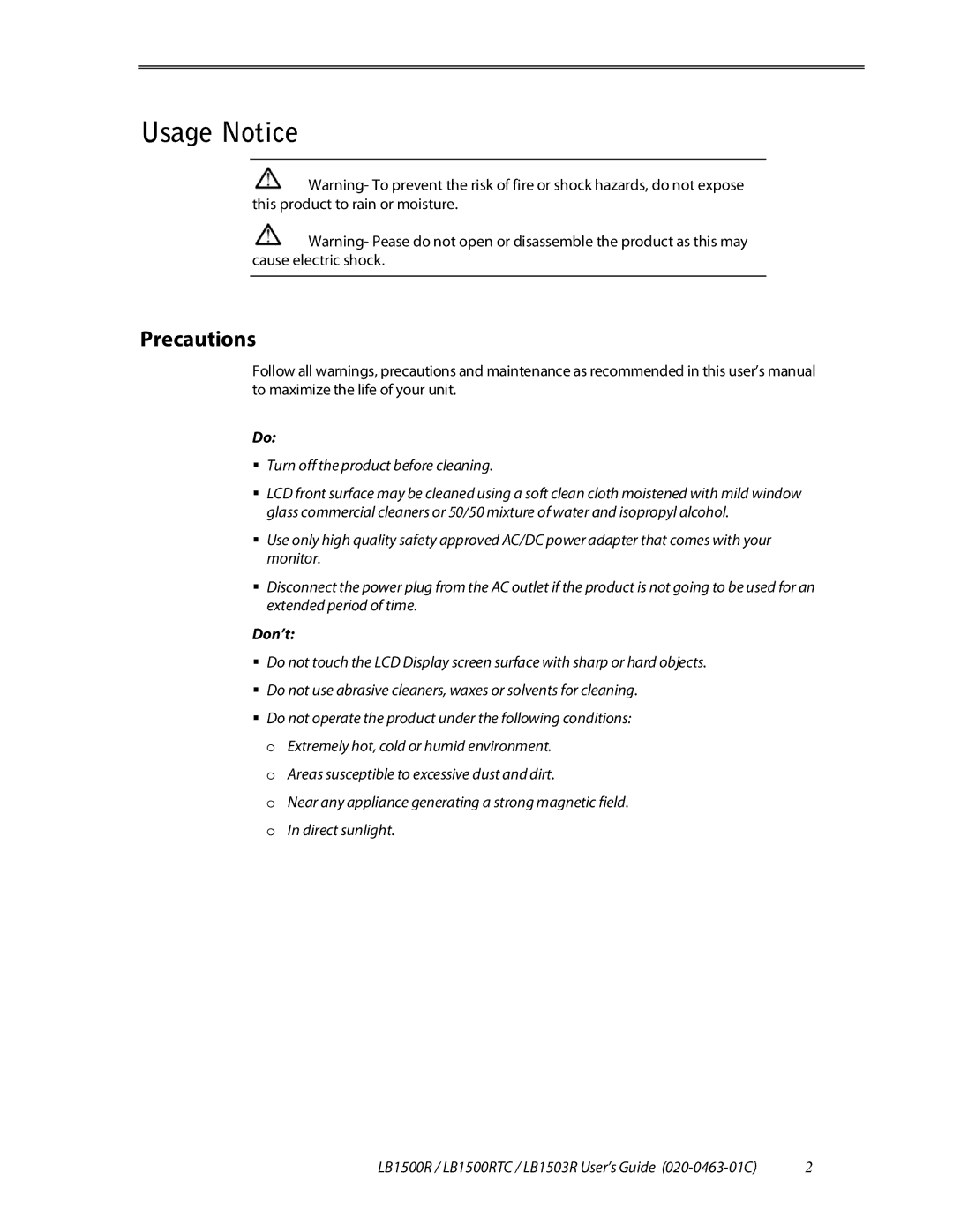 Planar LB1503R, LB1500RTC manual Usage Notice, Precautions 