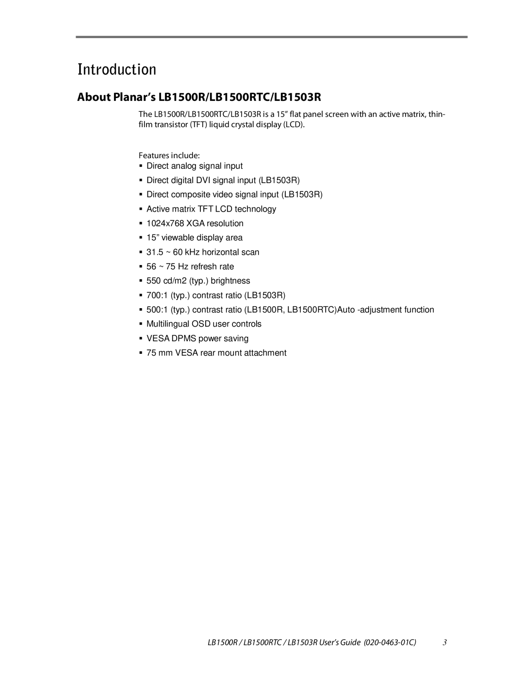 Planar manual Introduction, About Planar’s LB1500R/LB1500RTC/LB1503R 