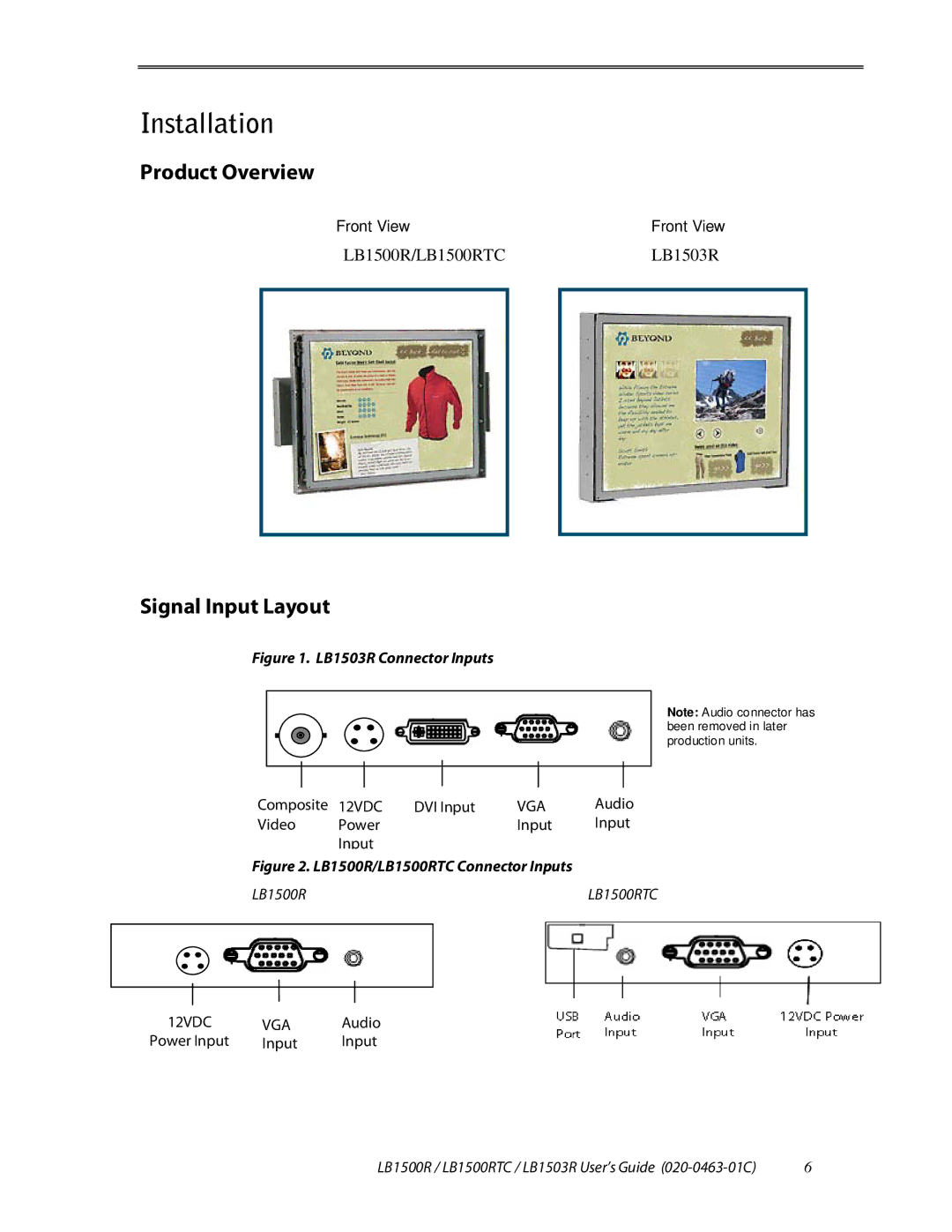 Planar LB1503R, LB1500RTC manual Installation, Product Overview, Signal Input Layout 