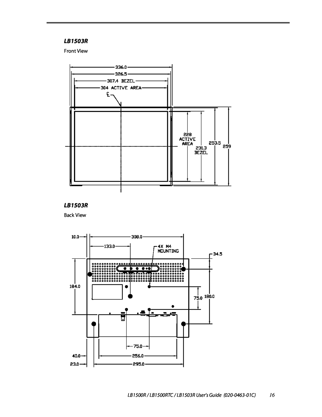 Planar manual Front View, Back View, LB1500R / LB1500RTC / LB1503R User’s Guide 020-0463-01C 
