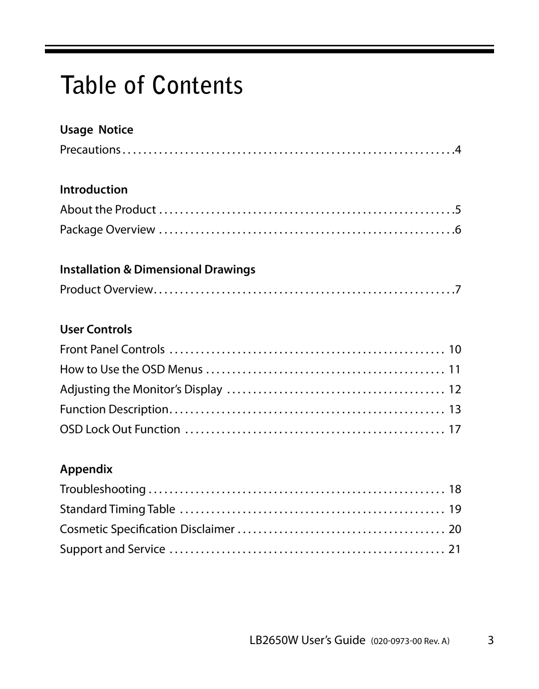 Planar LB2650W manual Table of Contents 