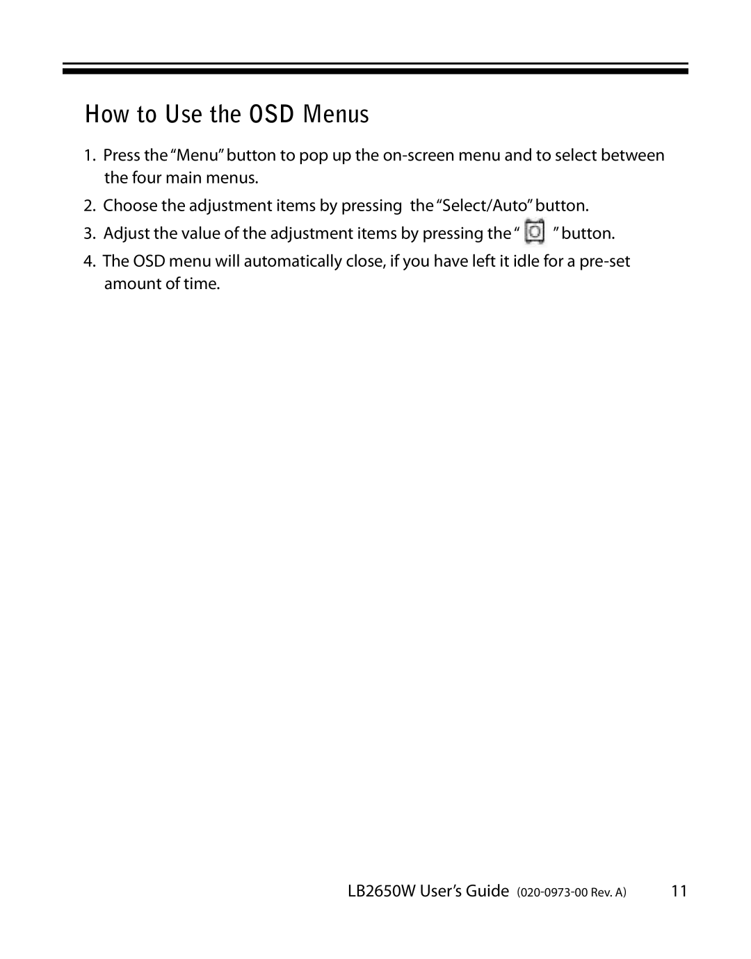 Planar LB2650W manual How to Use the OSD Menus 