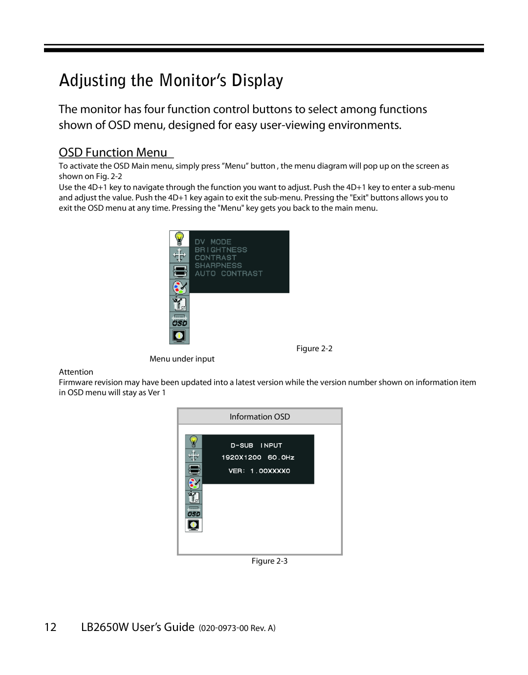Planar LB2650W manual Adjusting the Monitor’s Display, OSD Function Menu 