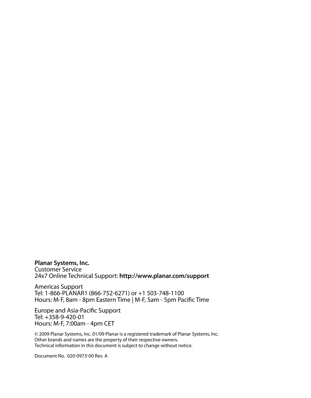 Planar LB2650W manual Planar Systems, Inc. Customer Service, Document No. 020-0973-00 Rev. A 