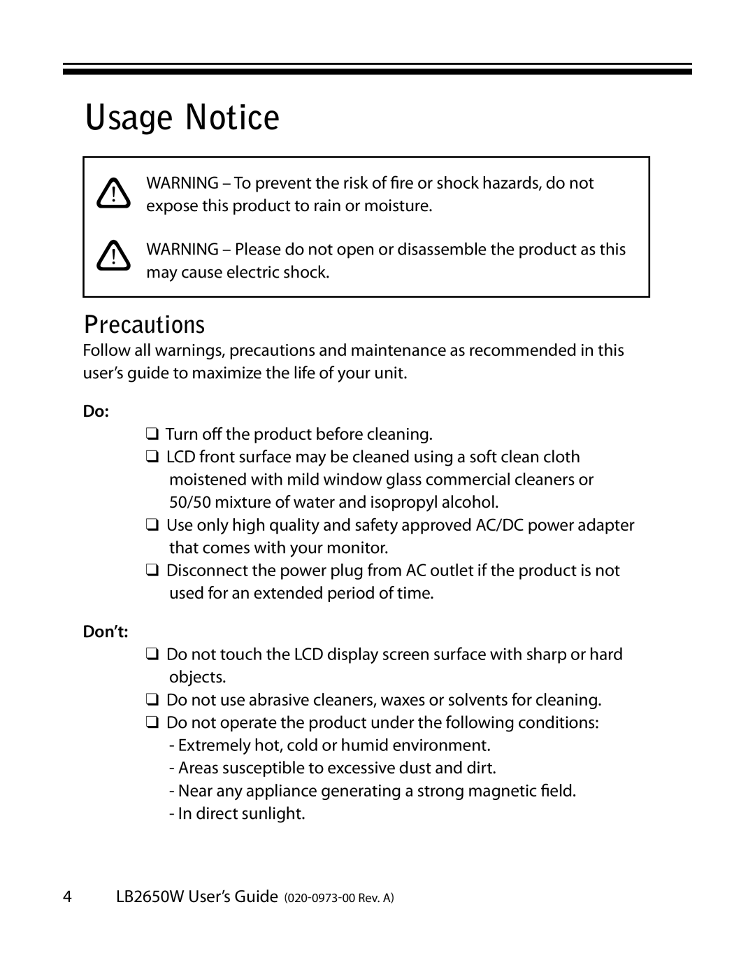 Planar LB2650W manual Usage Notice, Precautions, Don’t 