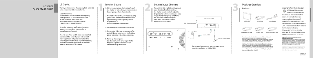 Planar LC SERIES quick start LC Series, Monitor Set-up, Optional Auto Dimming,  Package OverviewContents 