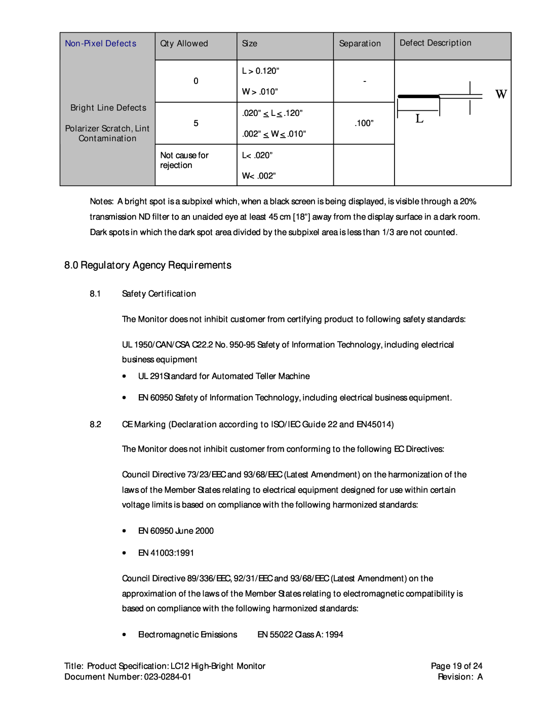 Planar LC12 manual Regulatory Agency Requirements, Non-Pixel Defects 