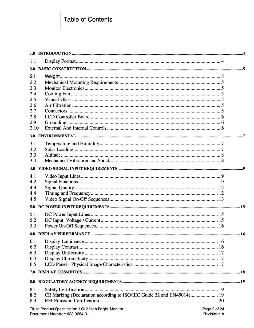 Planar LC12 manual Table of Contents 