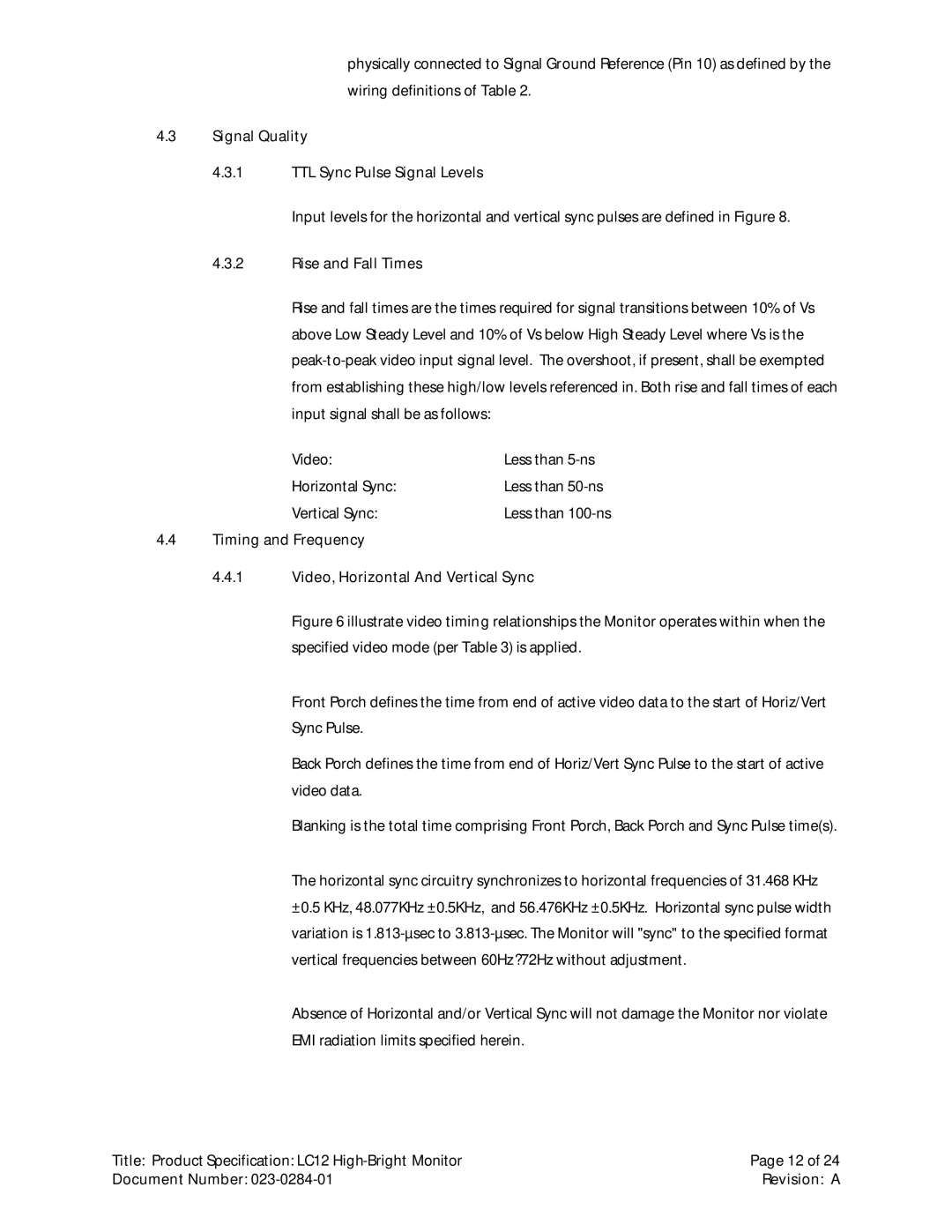 Planar LC12 manual Timing and Frequency Video, Horizontal And Vertical Sync 