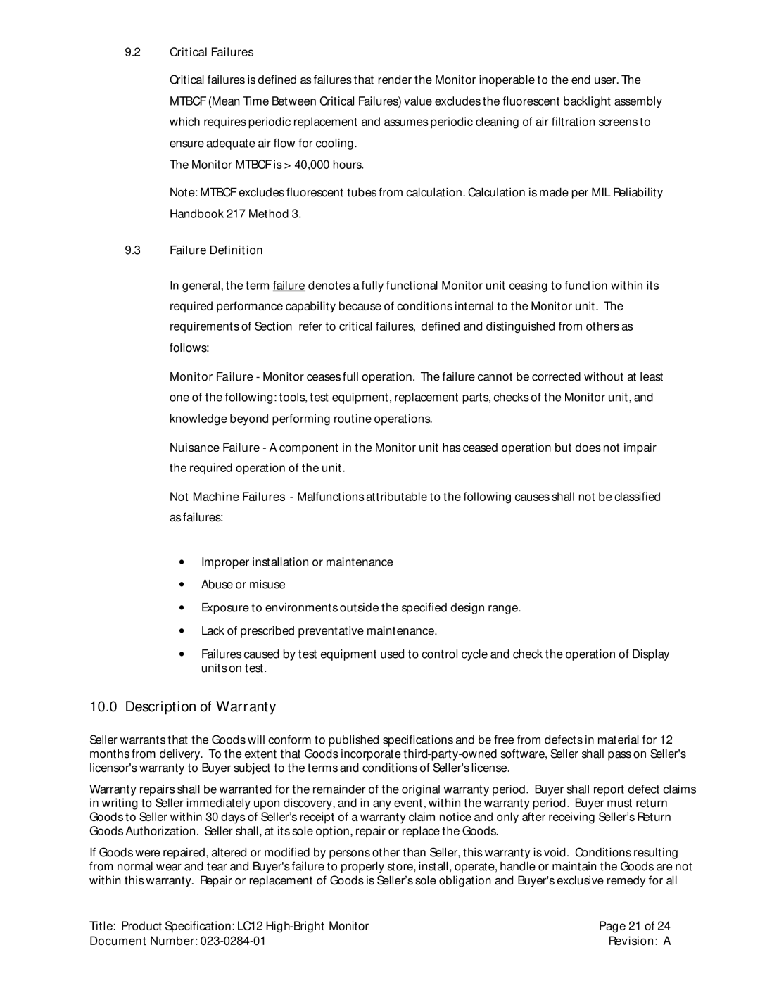 Planar LC12 manual Description of Warranty 