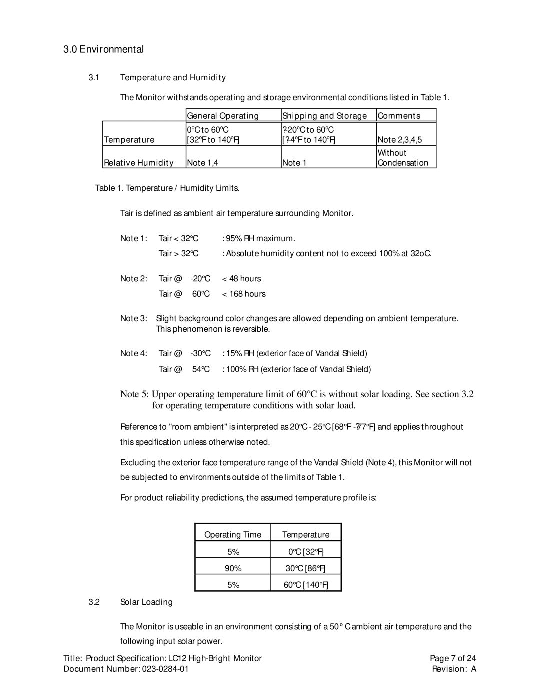 Planar LC12 manual Environmental, Tair @ 60C Hours, Tair @ 54C 