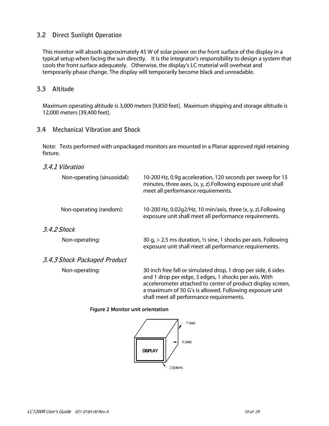 Planar LC1200R user manual Vibration, Shock Packaged Product 