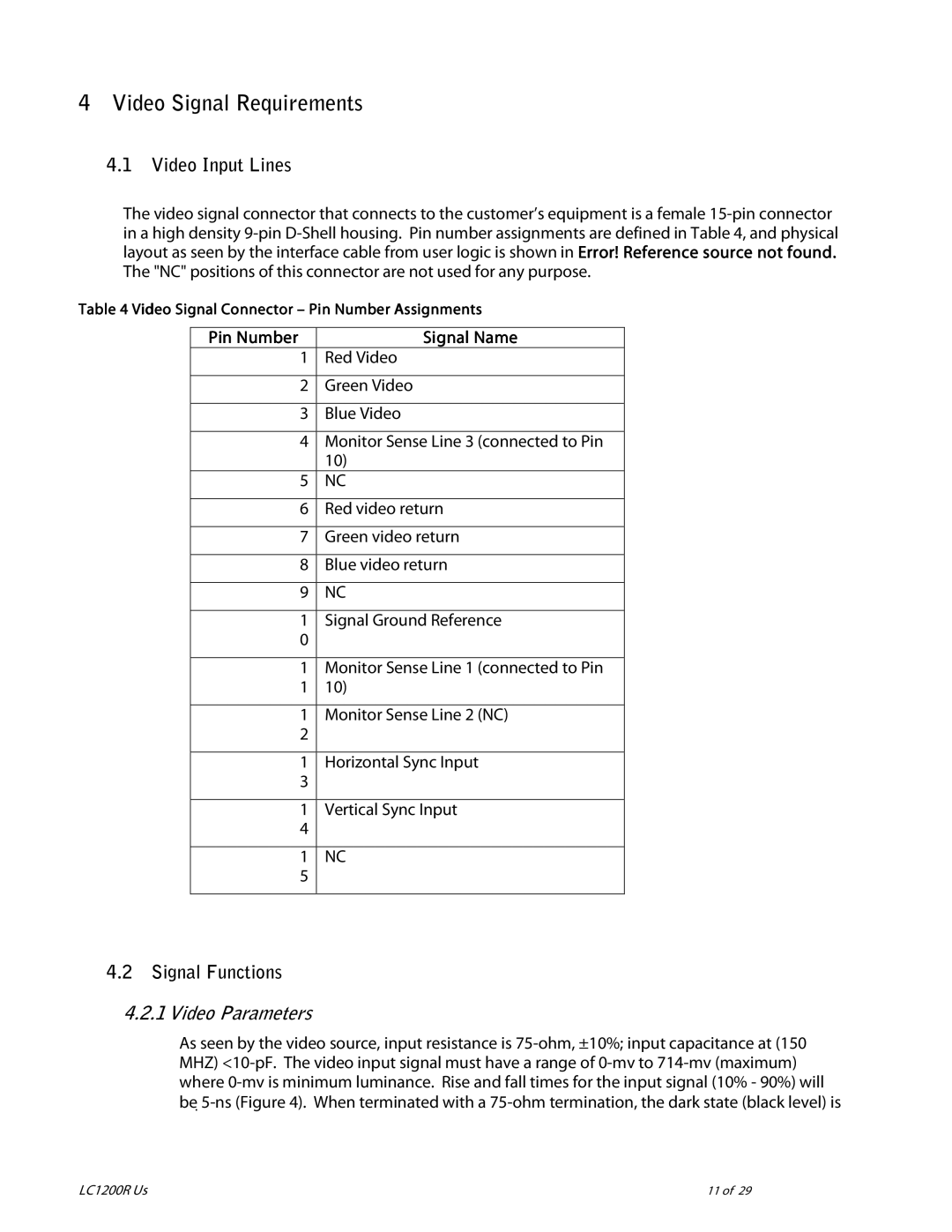 Planar LC1200R user manual Video Signal Requirements, Video Input Lines, Signal Functions, Video Parameters 