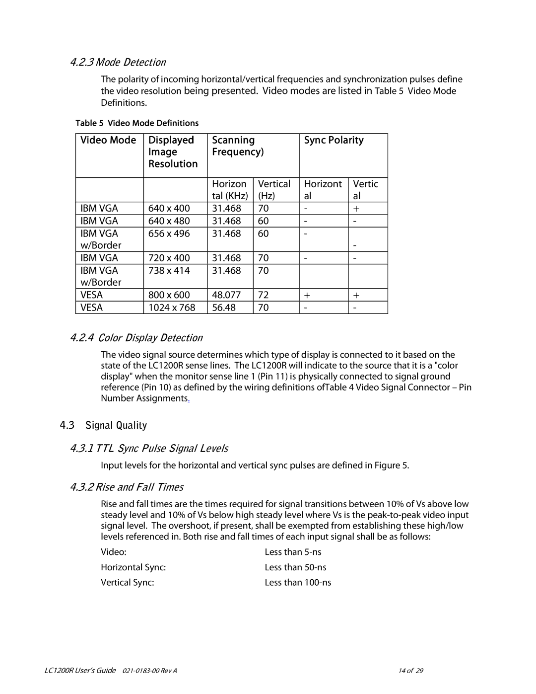 Planar LC1200R user manual Mode Detection, Color Display Detection, TTL Sync Pulse Signal Levels, Rise and Fall Times 