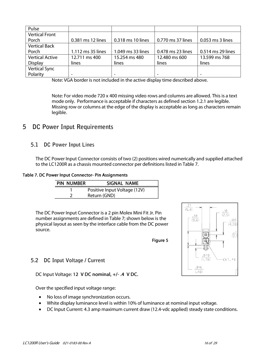 Planar LC1200R user manual DC Power Input Requirements, DC Power Input Lines, DC Input Voltage / Current 