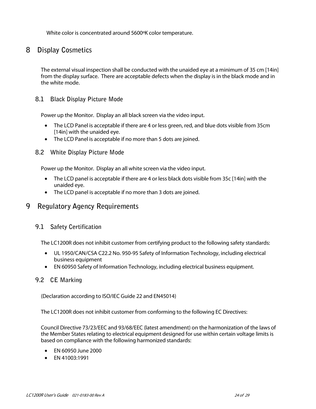 Planar LC1200R user manual Display Cosmetics, Regulatory Agency Requirements 