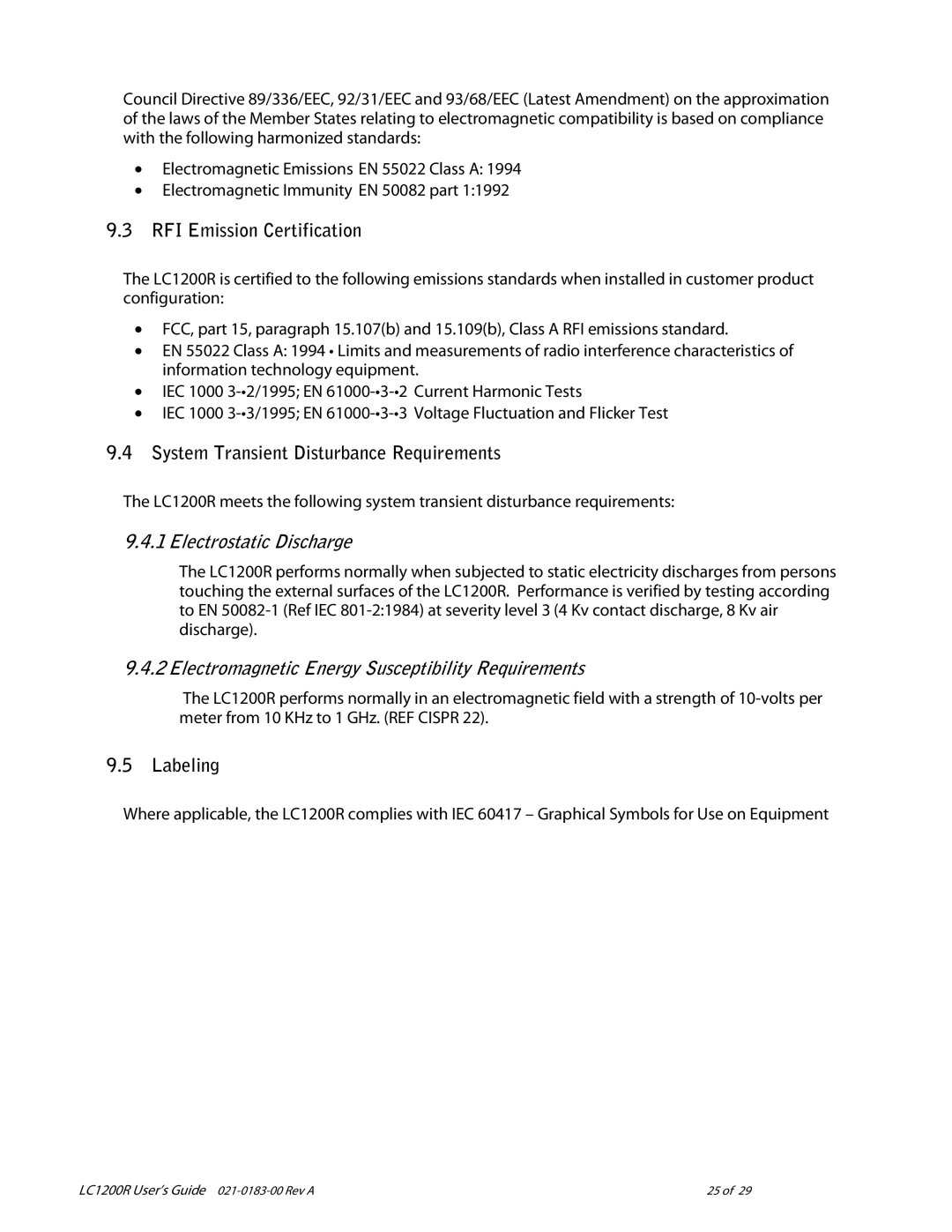 Planar LC1200R RFI Emission Certification, System Transient Disturbance Requirements, Electrostatic Discharge, Labeling 