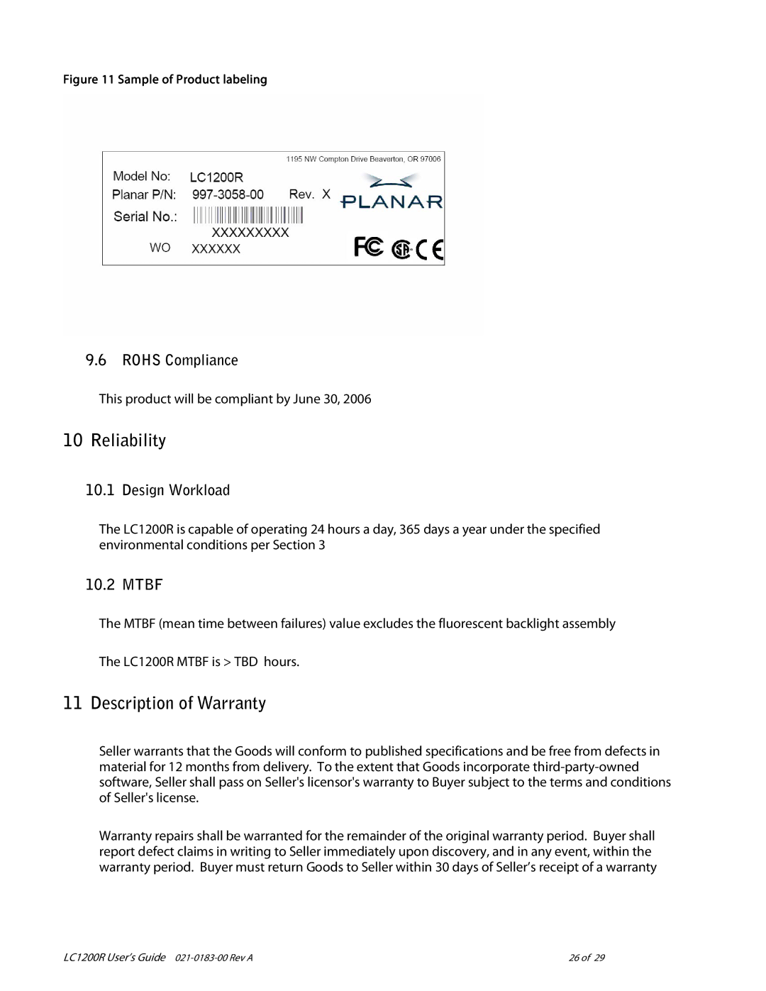 Planar LC1200R user manual Reliability, Description of Warranty, Rohs Compliance, Design Workload, Mtbf 