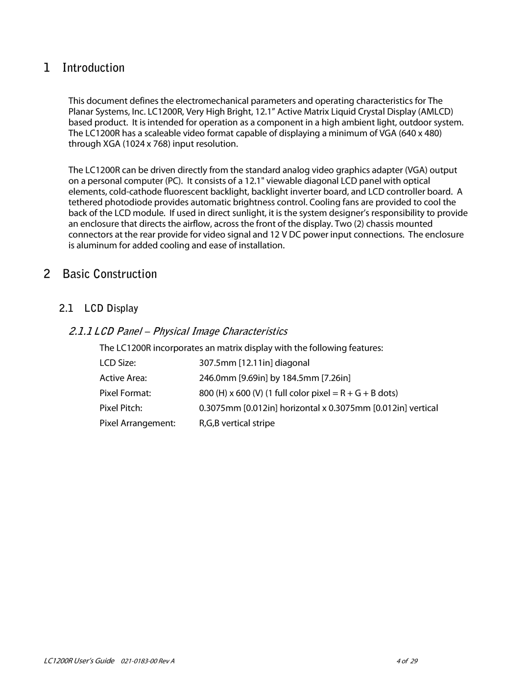 Planar LC1200R user manual Introduction, Basic Construction, LCD Display, LCD Panel Physical Image Characteristics 