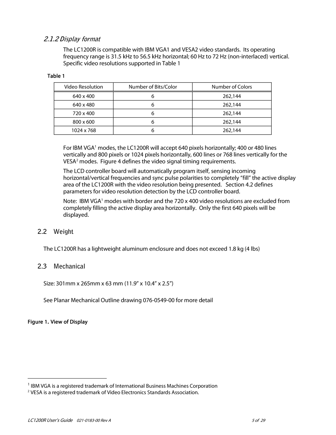 Planar LC1200R user manual Display format, Weight, Mechanical 