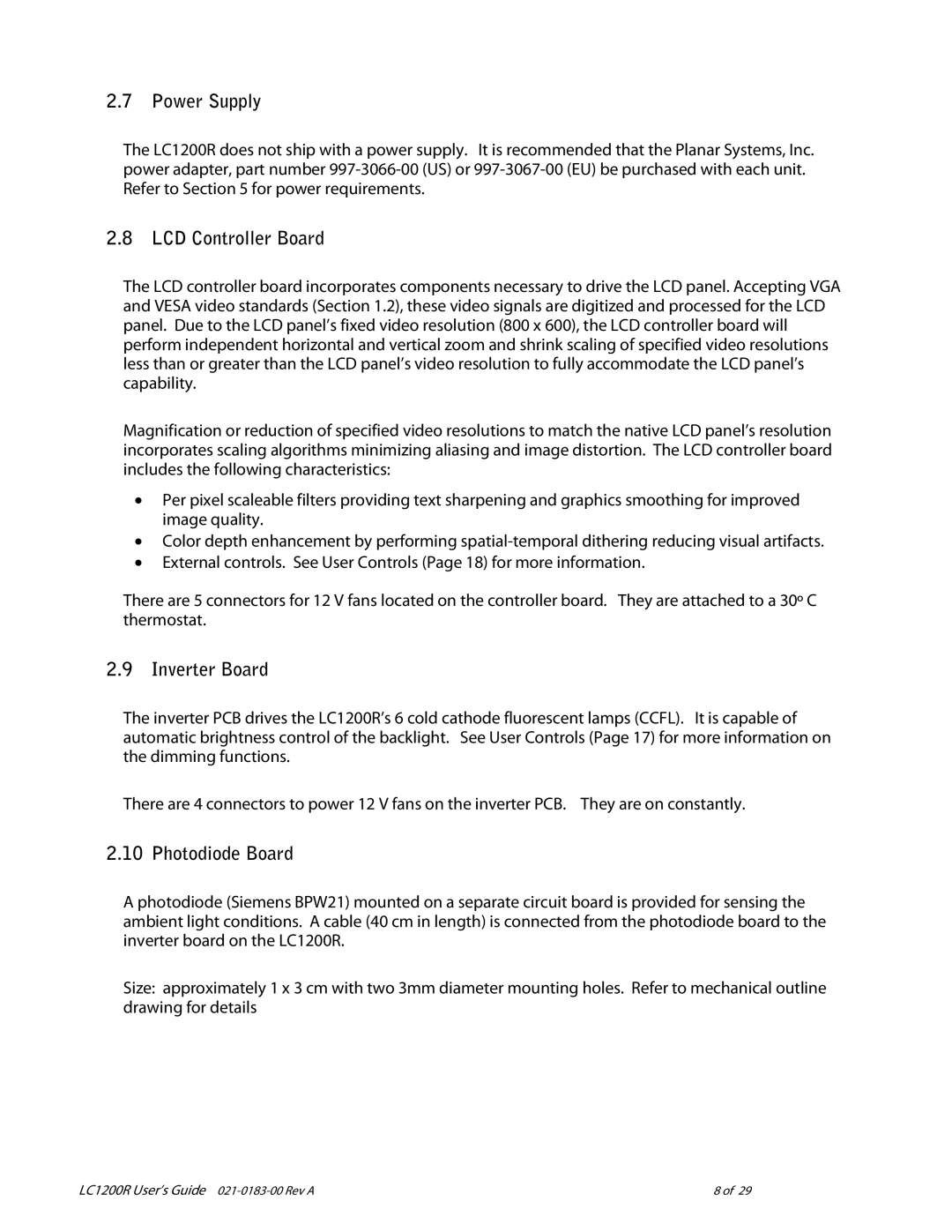 Planar LC1200R user manual Power Supply, LCD Controller Board, Inverter Board, Photodiode Board 