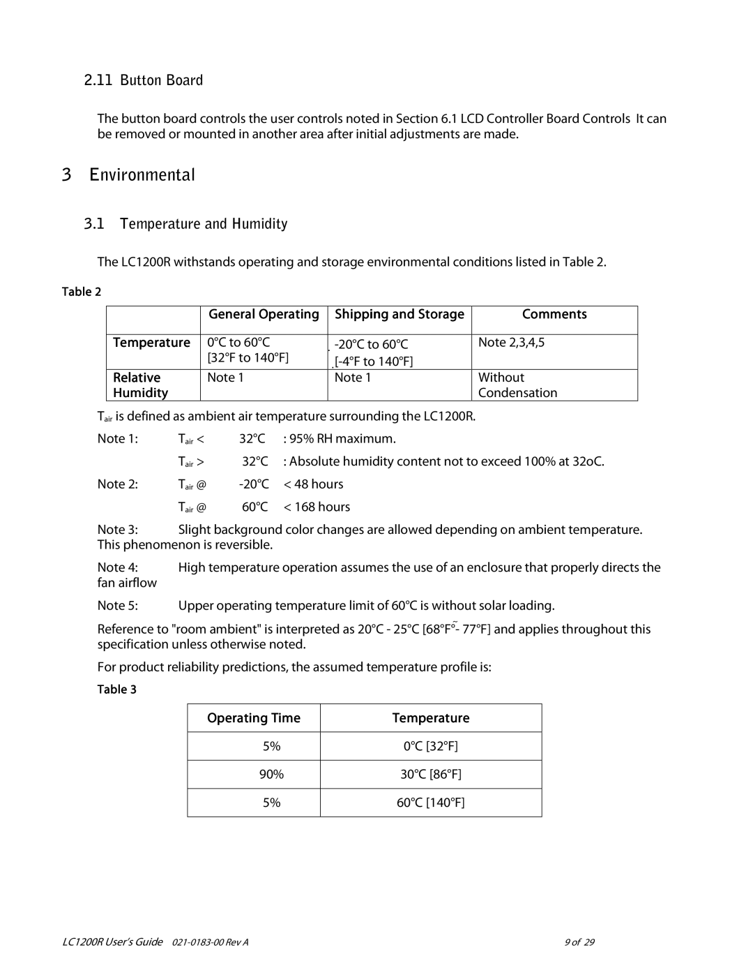 Planar LC1200R user manual Environmental, Button Board, Temperature and Humidity 