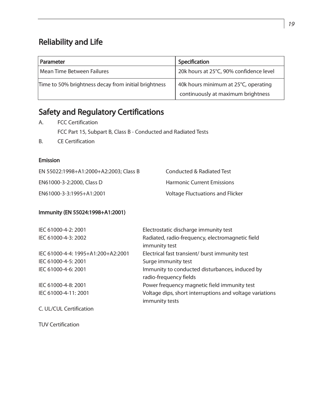 Planar LC1502R user manual Reliability and Life, Safety and Regulatory Certifications 