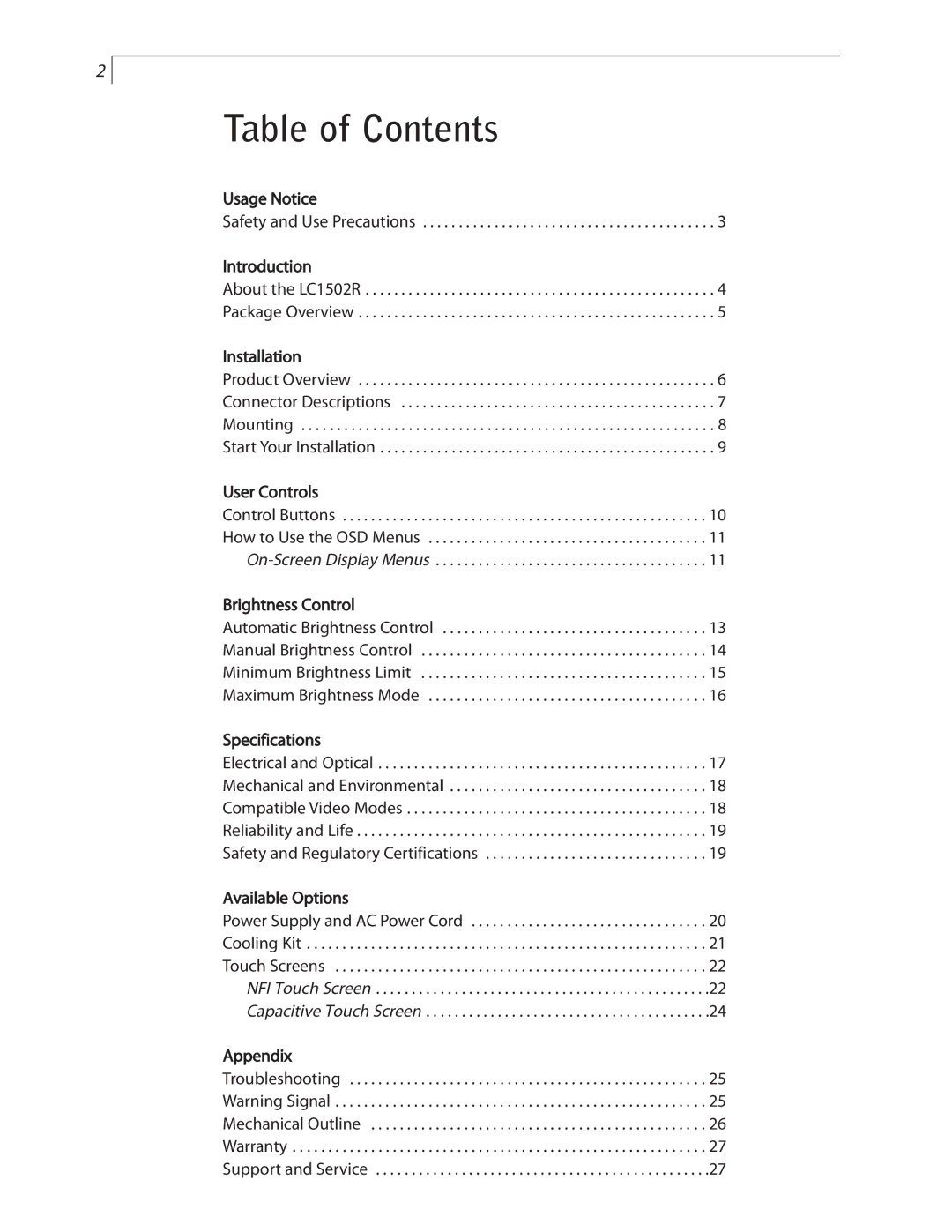 Planar LC1502R user manual Table of Contents 