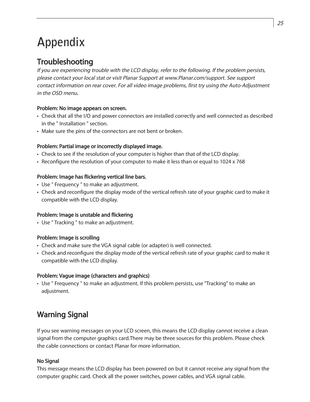 Planar LC1502R user manual Appendix, Troubleshooting 