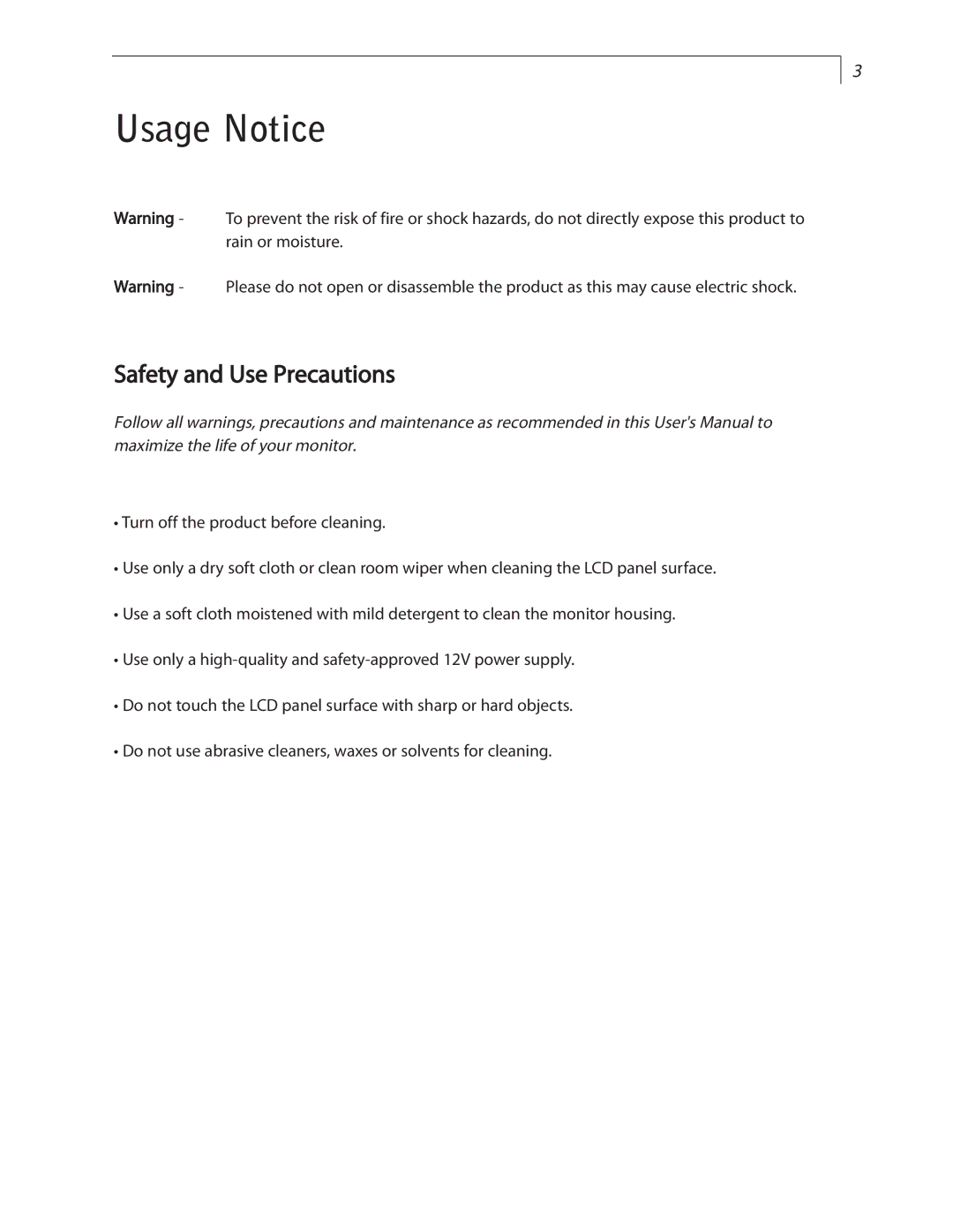 Planar LC1502R user manual Usage Notice, Safety and Use Precautions 