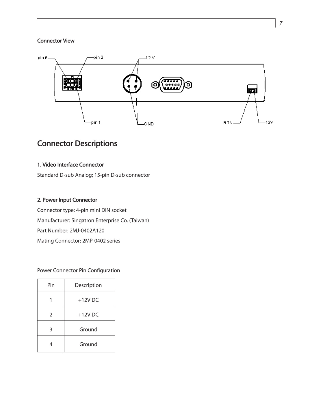 Planar LC1502R user manual Connector Descriptions, +12V DC, Ground 