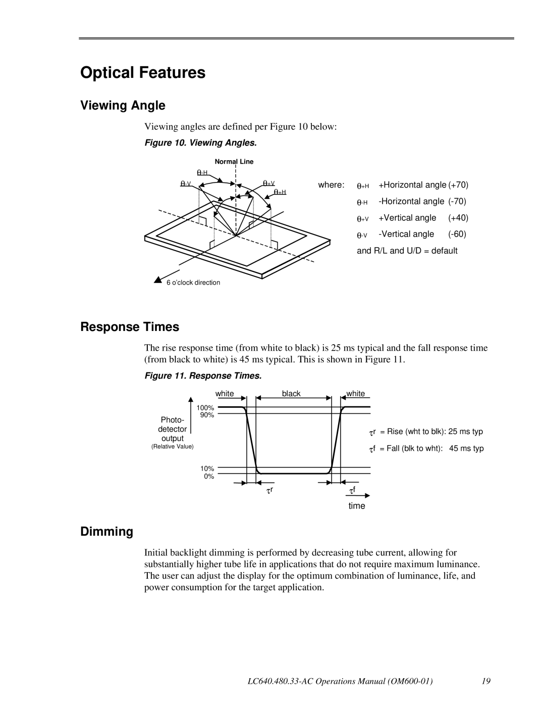 Planar LC640.480.33-AC manual Optical Features, Viewing Angle, Response Times, Dimming 