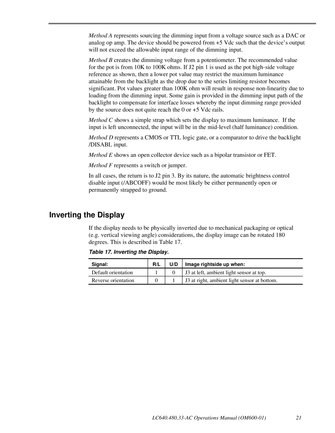 Planar LC640.480.33-AC manual Inverting the Display 