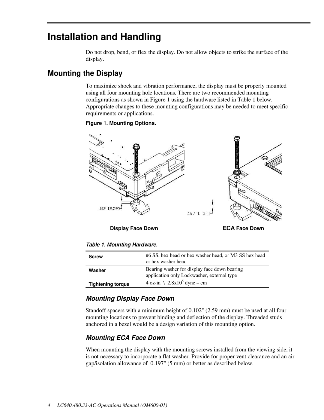 Planar LC640.480.33-AC Installation and Handling, Mounting the Display, Mounting Display Face Down, Mounting ECA Face Down 