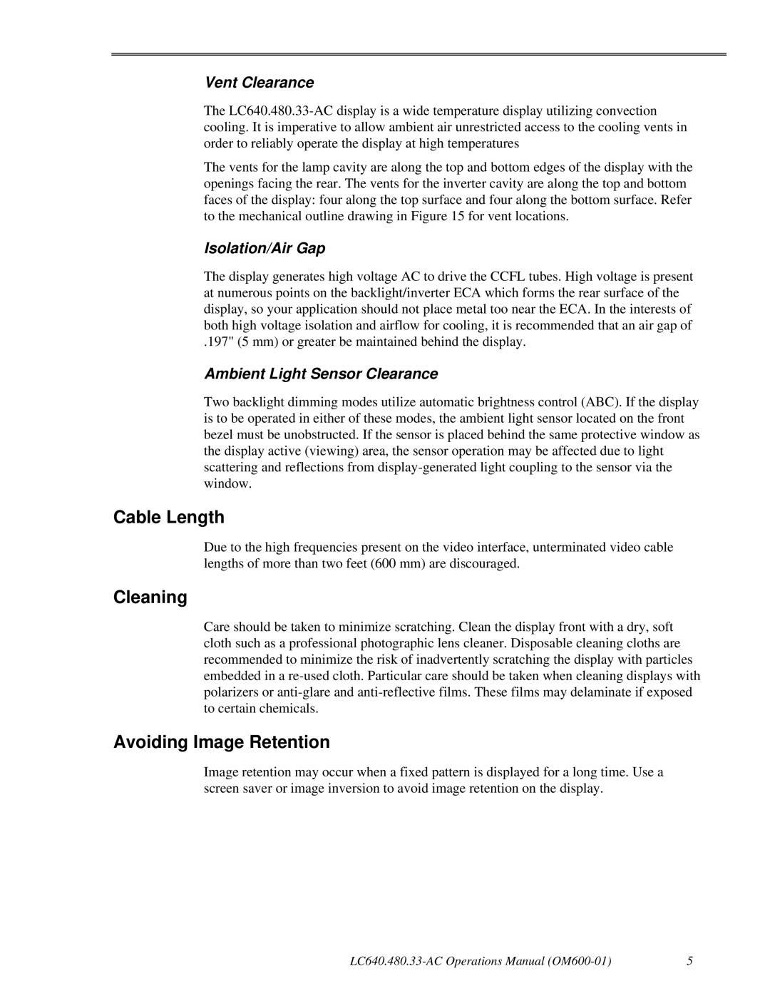 Planar LC640.480.33-AC manual Cable Length, Cleaning, Avoiding Image Retention 